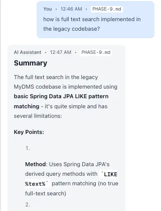 Asking the AI chat how full-text search worked in the legacy MyDMS codebase