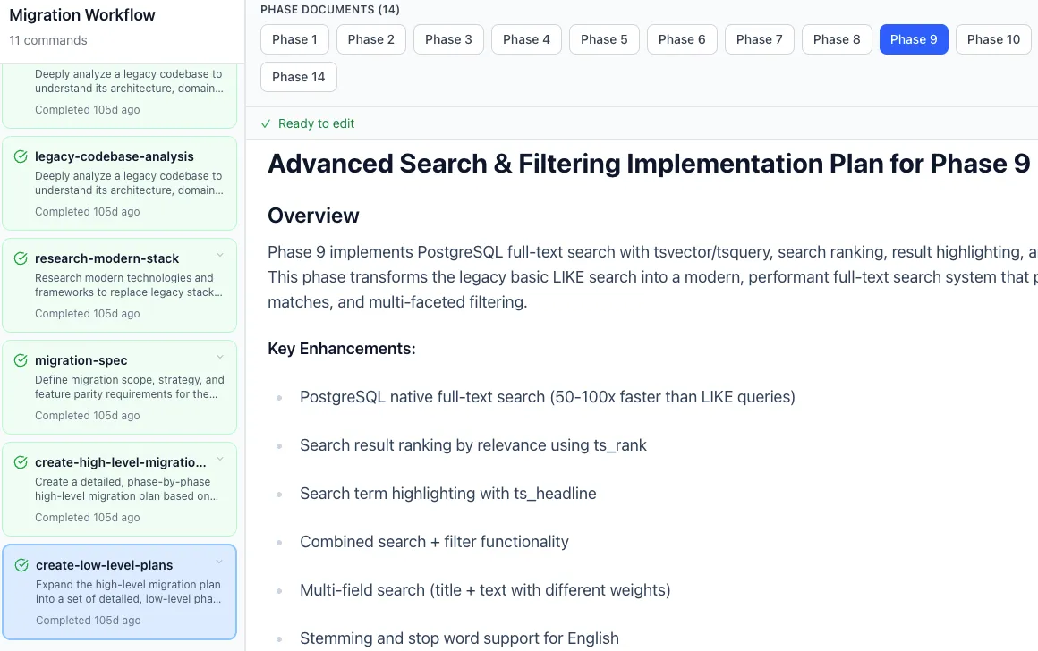 The migration dashboard: M1–M6 workflow, markdown editor, and phase plans