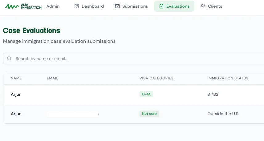 The admin view of incoming case evaluations