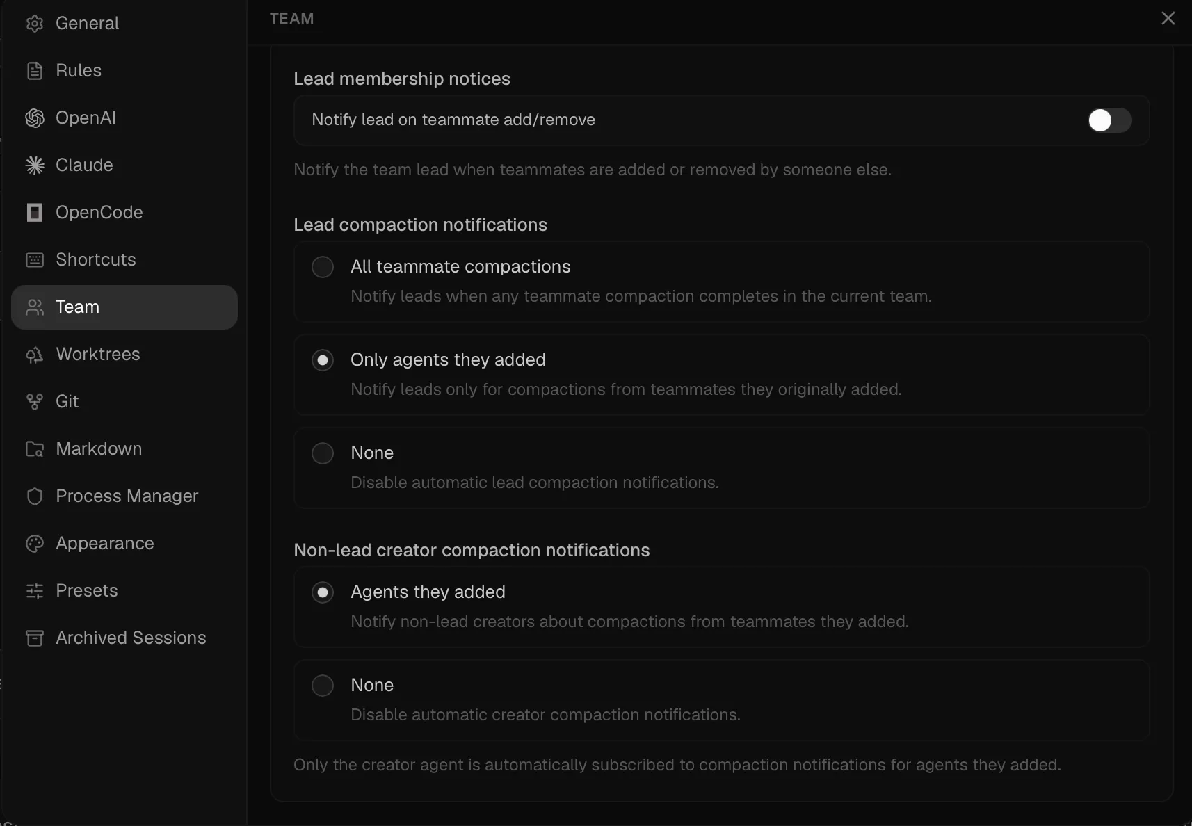 Team settings for routing compaction notifications to leads and the agents that created teammates