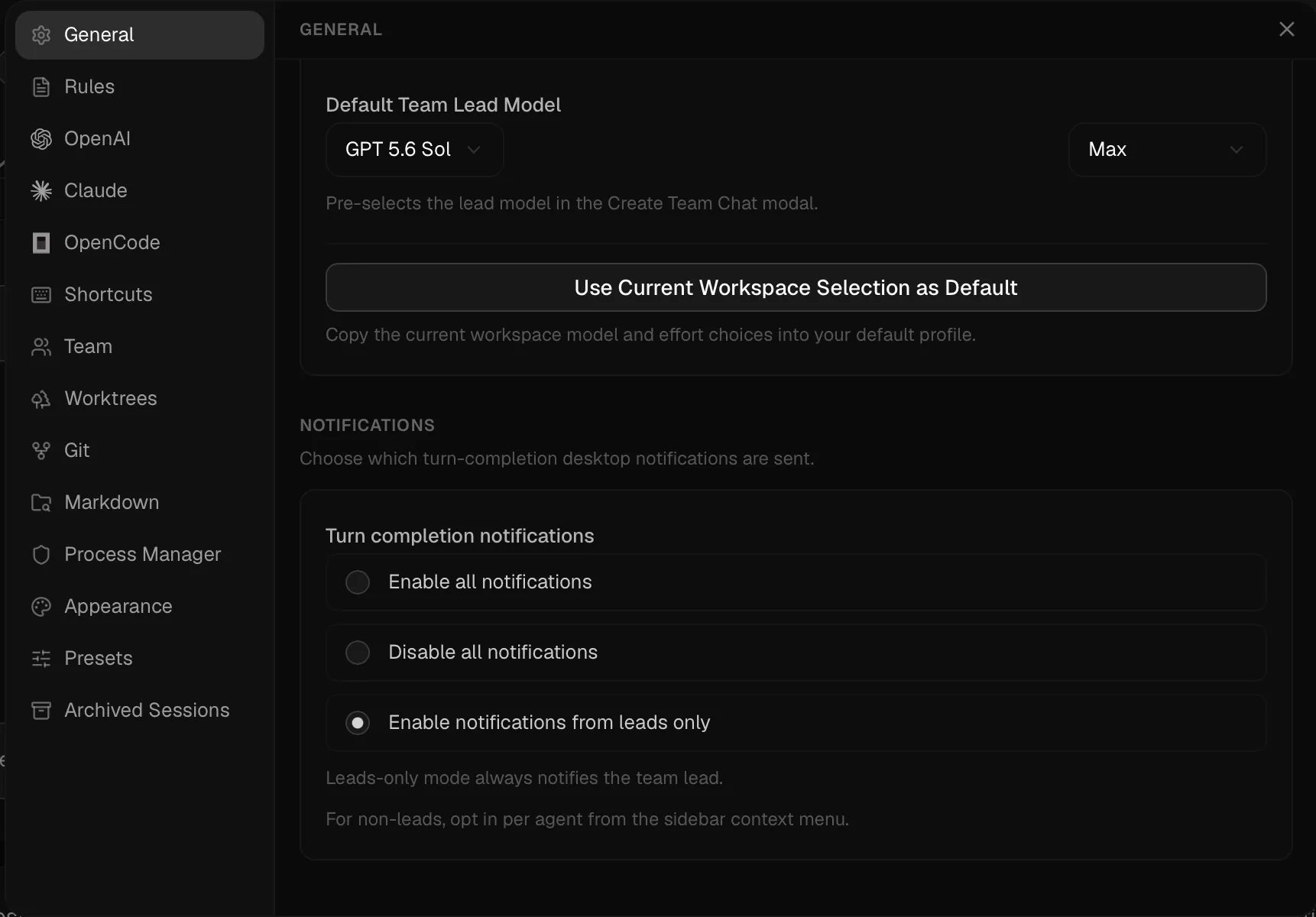 General settings for the default team-lead model and selective turn-completion notifications
