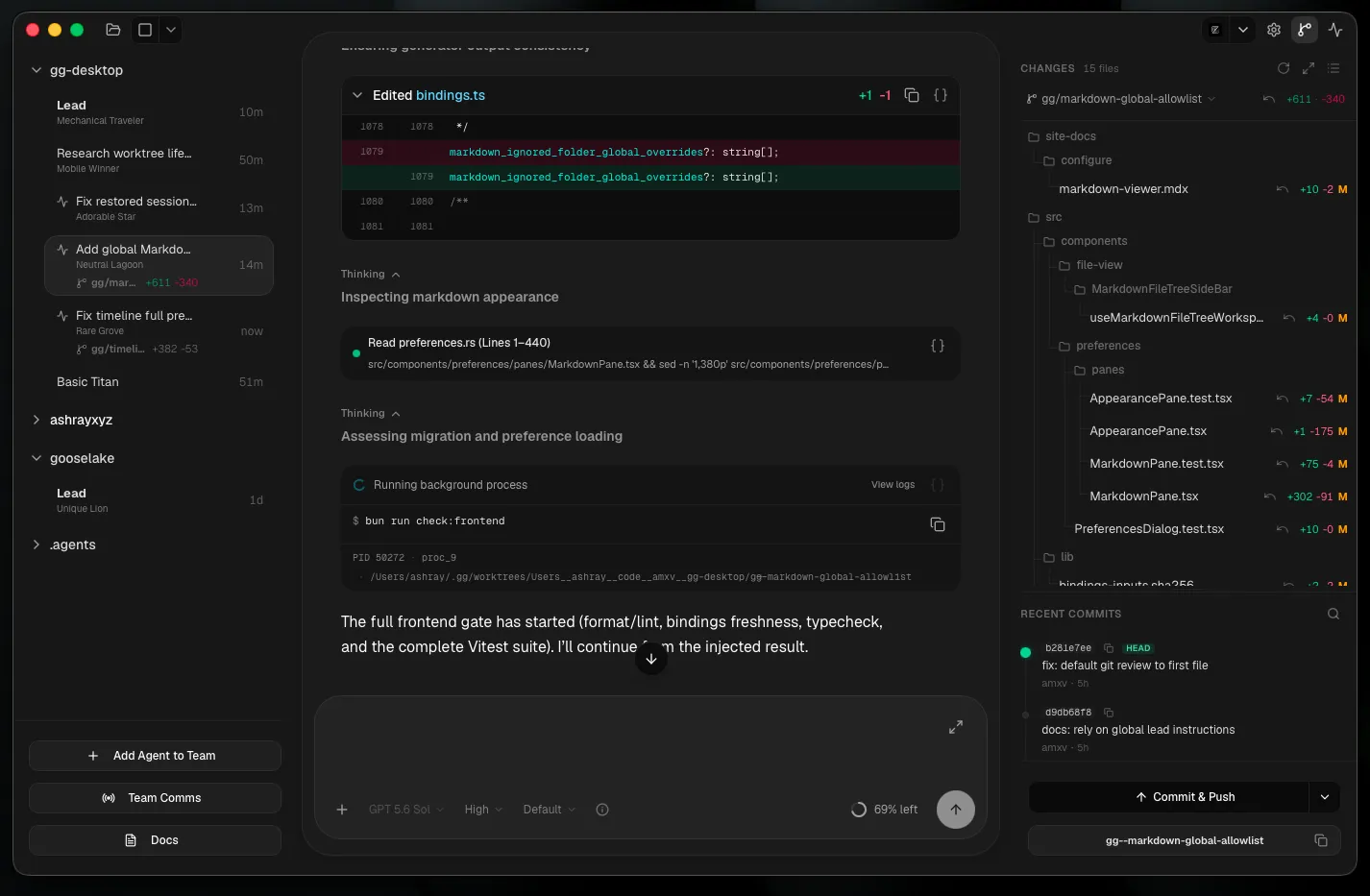 The goldengoose desktop workspace showing concurrent coding agents, a live code diff, a background process, and git changes
