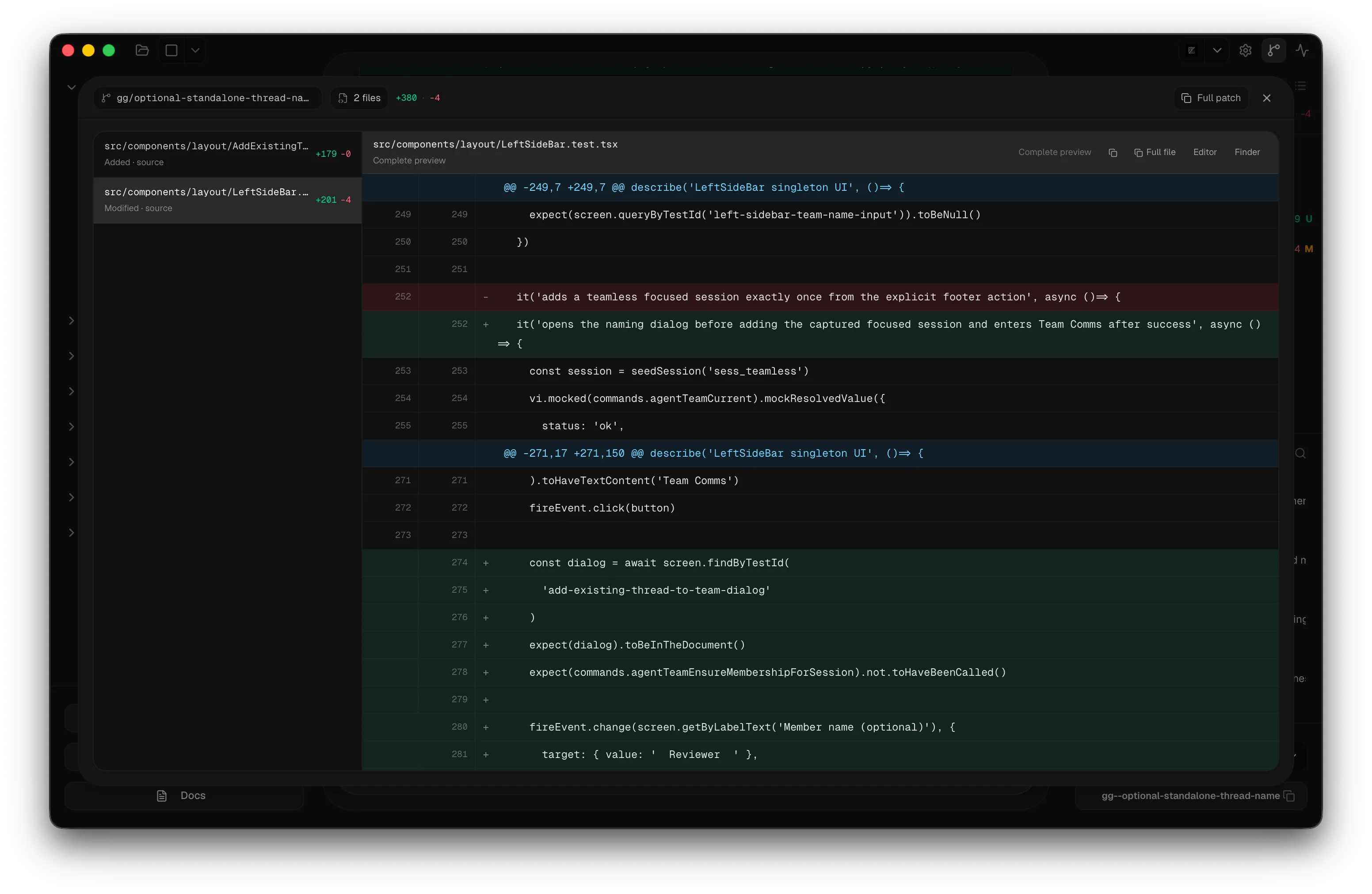 The full review panel showing a changed-files tree and an interactive code diff