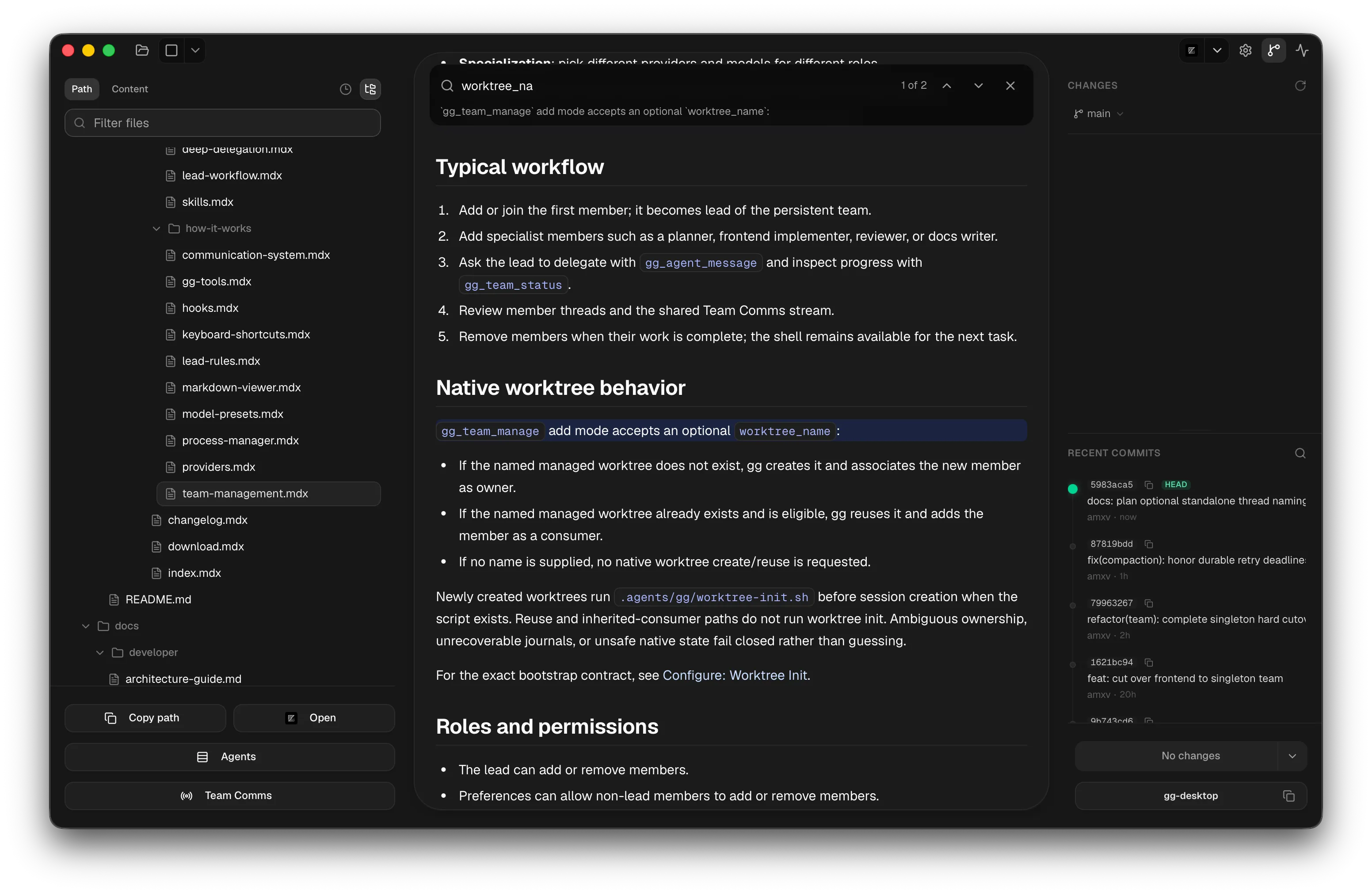 Find-in-page search over a rendered Markdown file with file search and the Markdown tree visible