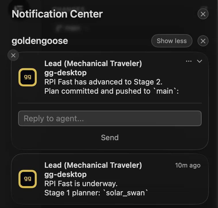 Native macOS goldengoose notifications with an inline reply field for messaging the agent
