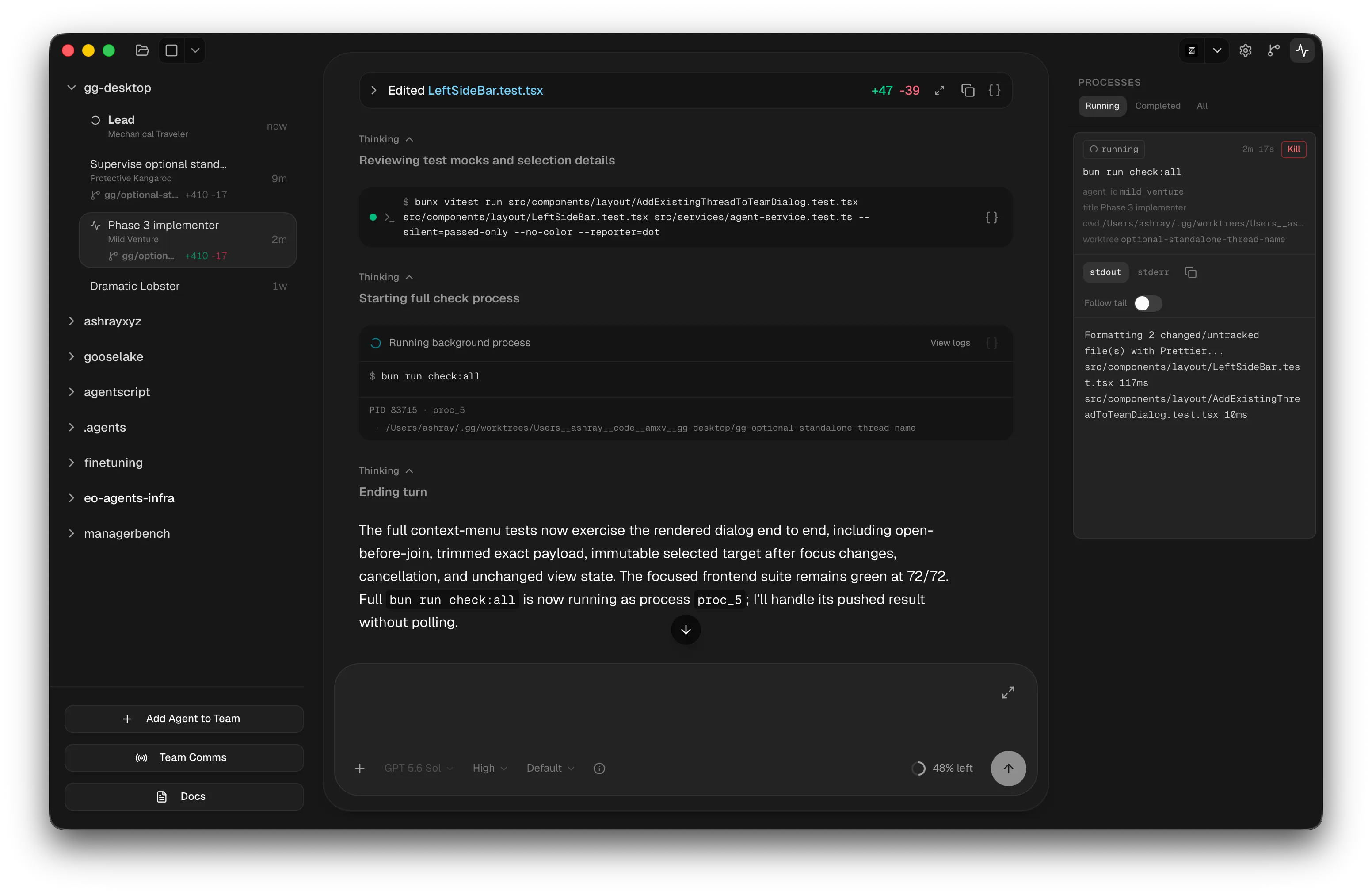 An agent running a background check with its owning agent, command, workspace, directory, and stdout visible in the Process Manager