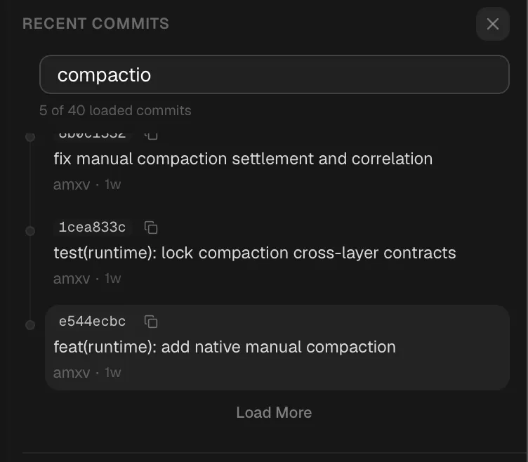 Recent Commits filtered by commit-message text with copy actions beside each hash