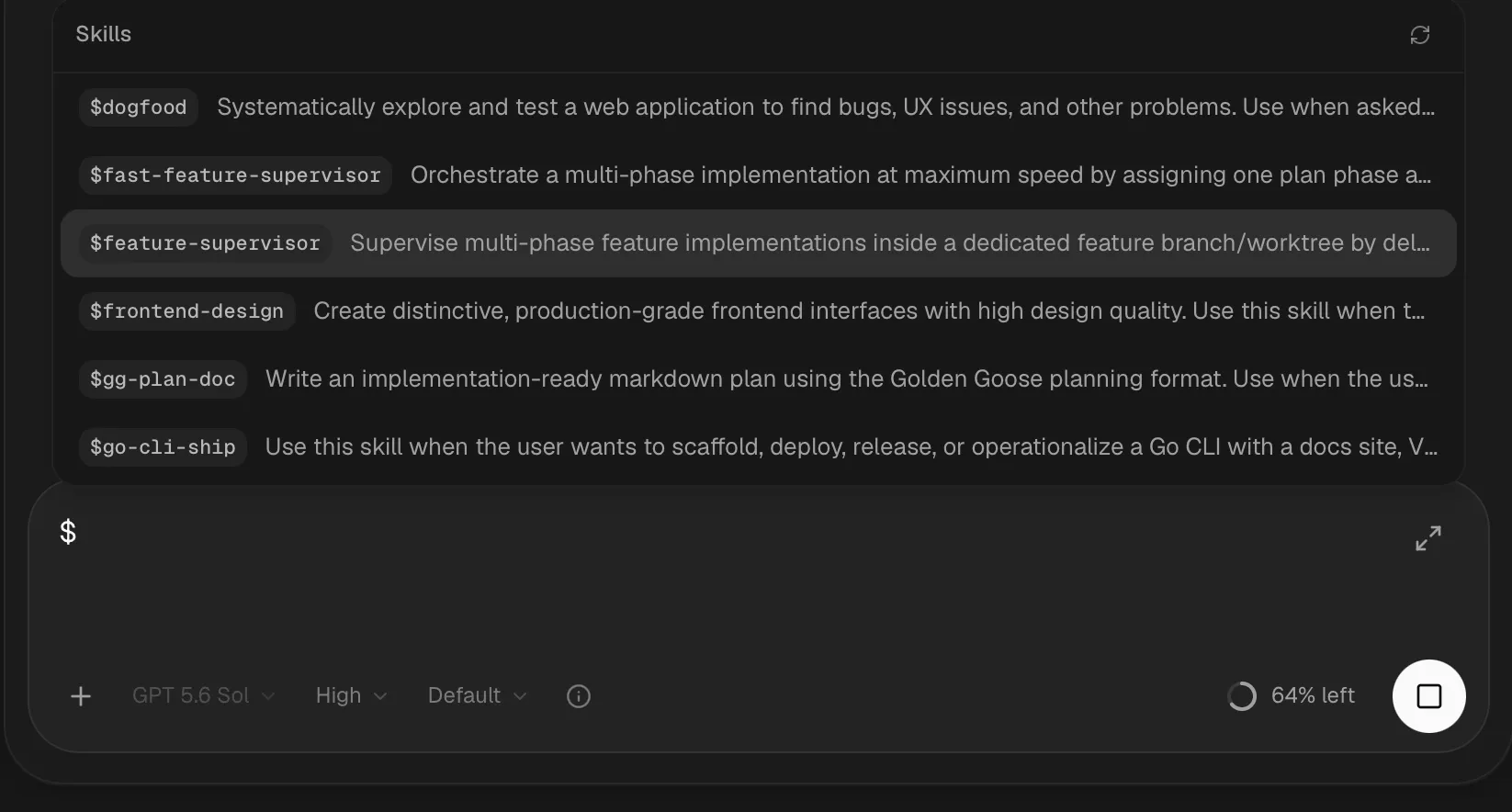 The prompt composer autocomplete listing automatically detected agent skills