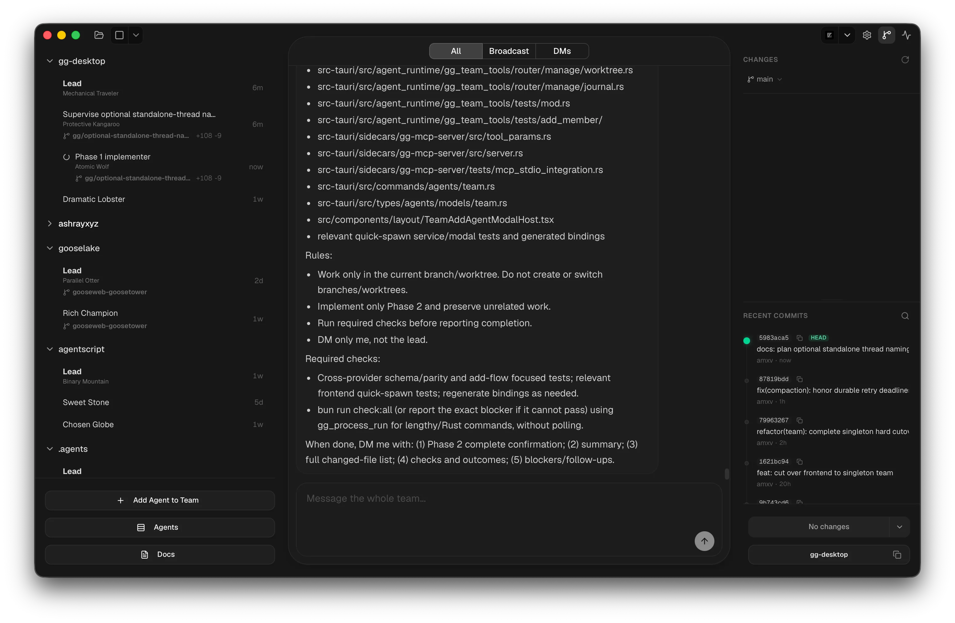 The Team Comms board showing team messages, broadcast filters, and a composer for messaging the whole team