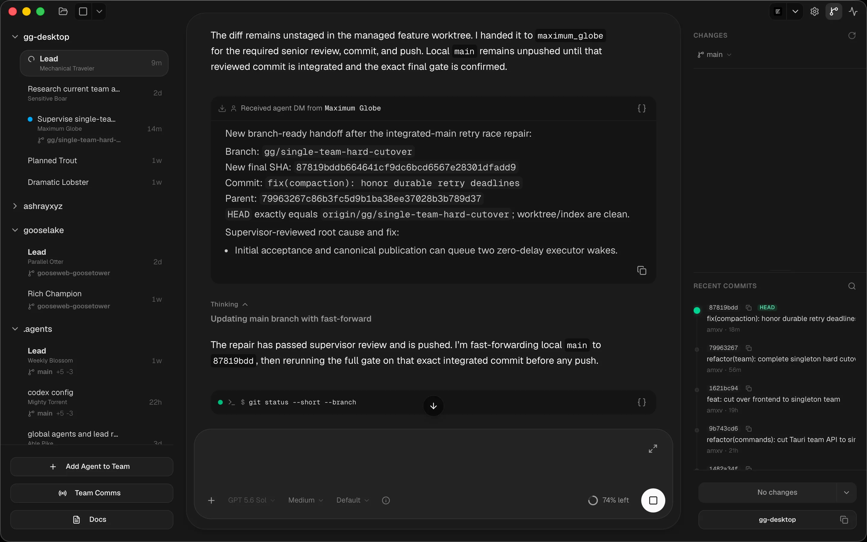 A lead agent receiving a branch-ready handoff by DM while a multi-agent workflow continues