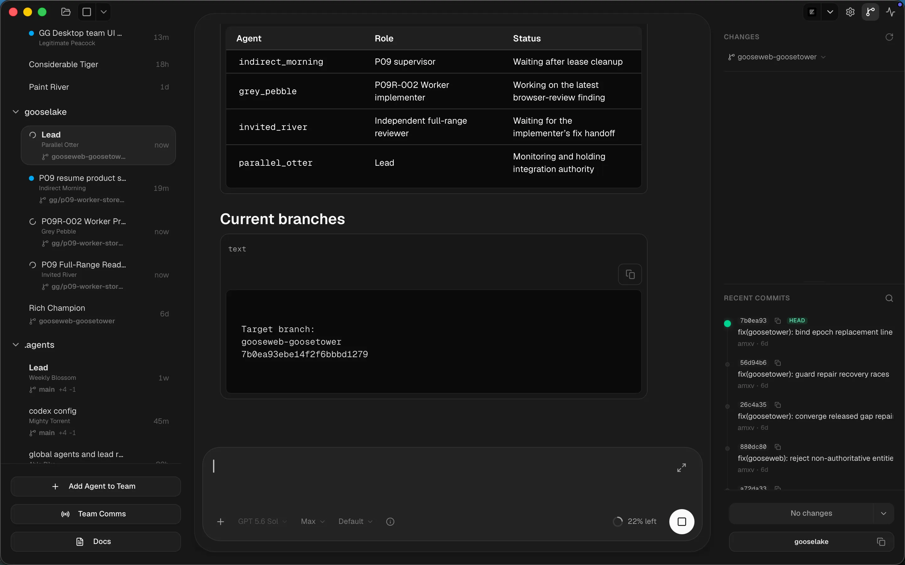 An earlier goldengoose conversation where the lead writes a Markdown table with Agent, Role, and Status columns, followed by the target branch and commit SHA, with the team sidebar on the left and Git changes and recent commits on the right
