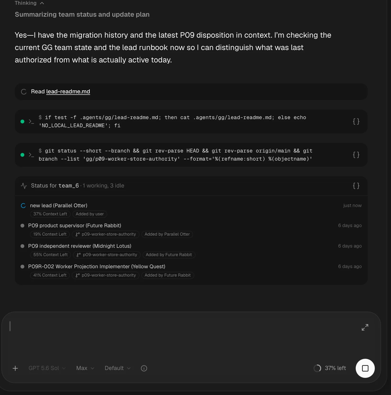 A goldengoose team status tool card showing agent roles, names, activity, context remaining, worktree association, and who added each member